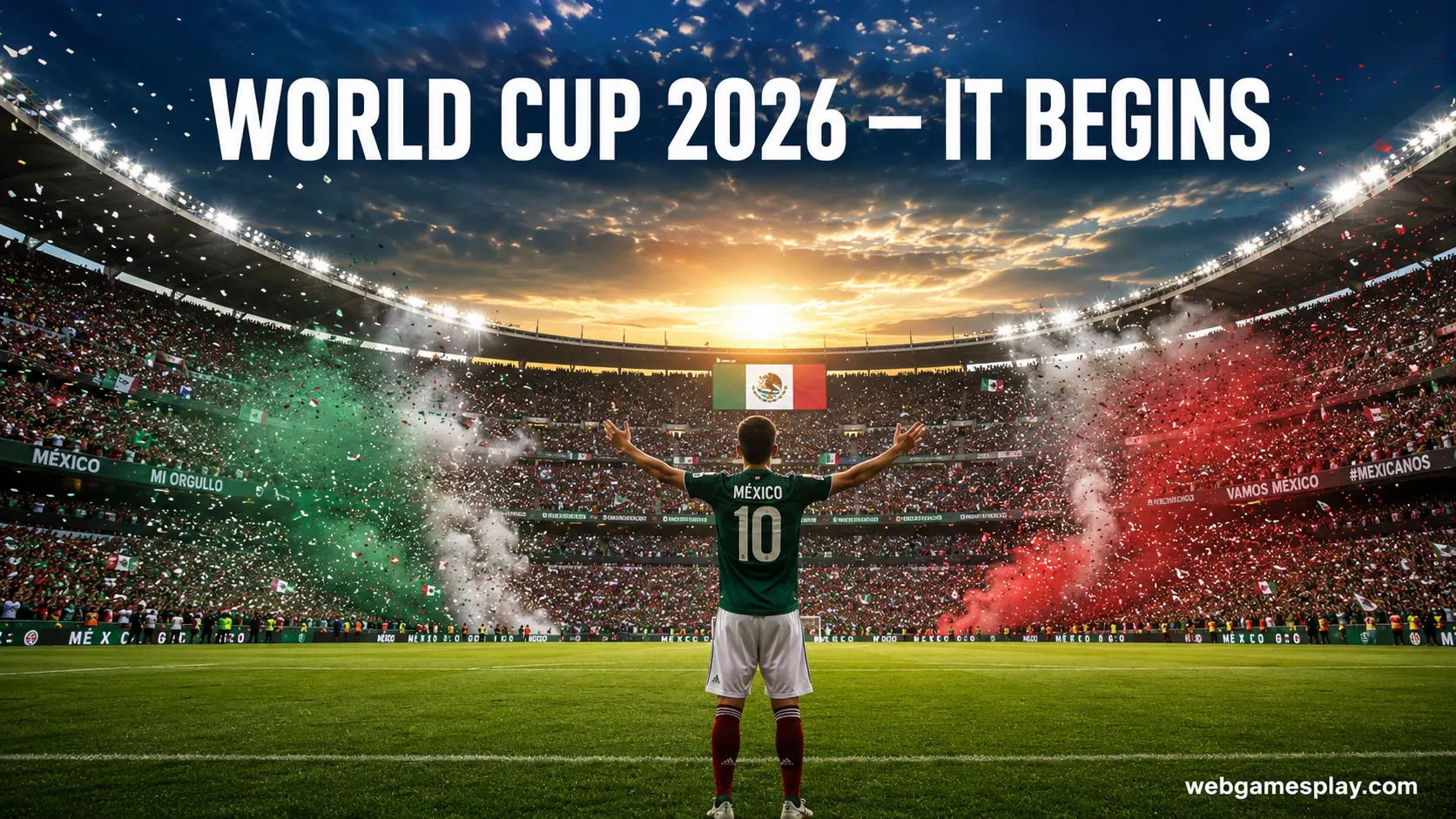 Mexico player stands arms raised on the Azteca pitch as 100,000 fans celebrate the FIFA World Cup 2026 opening match.